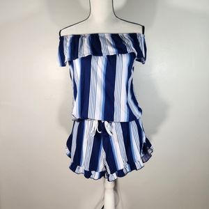 2 Piece Blue and White Stripped Romper Size Medium